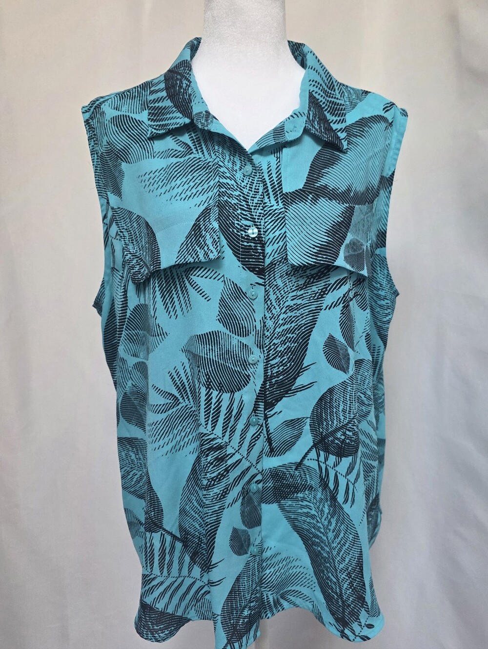 Worthington XXL Teal Black Leaf Print Sleeveless Blouse
